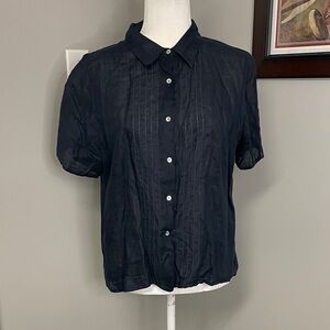 Edward Irish Linen Womens navy blue button down short sleeve blouse top Large